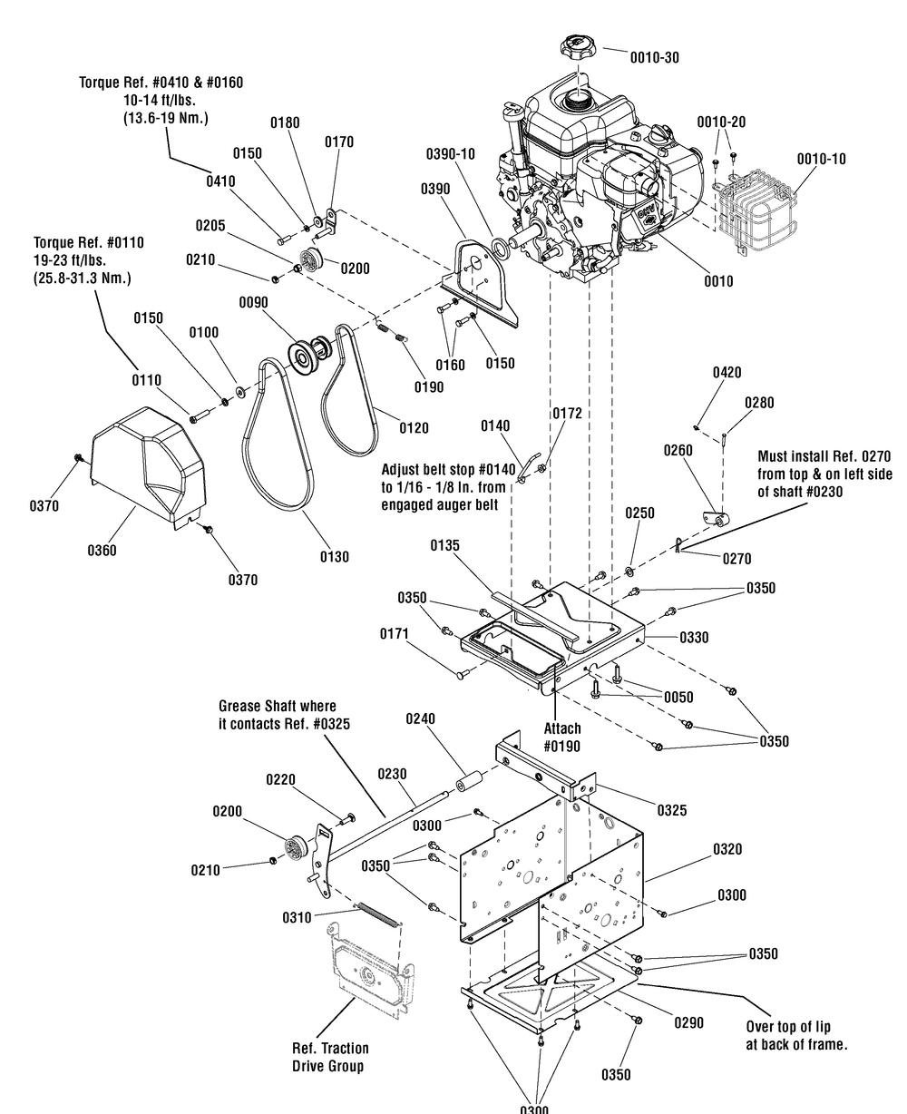 Engine Group Diagram and Parts List for 1695857-MH61900 2010 Briggs and Stratton Snow Blower